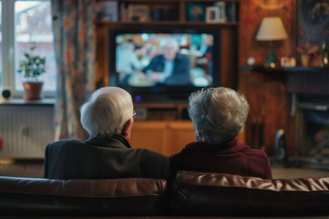 Image d'illustration. Un couple de retraités sur un canapé regardant la tv
